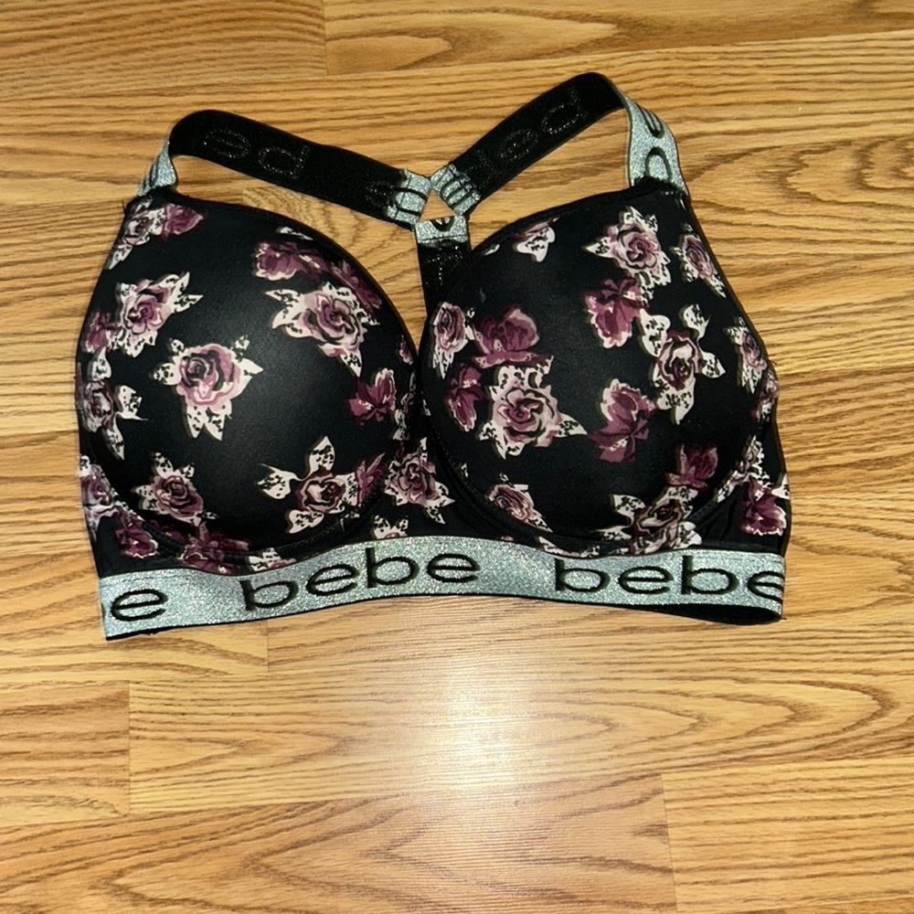 bebe Black and Purple Floral Bra